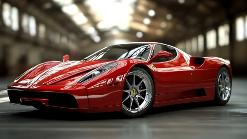 Crimson supercar prowls a sunlit warehouse of blurred echoes.