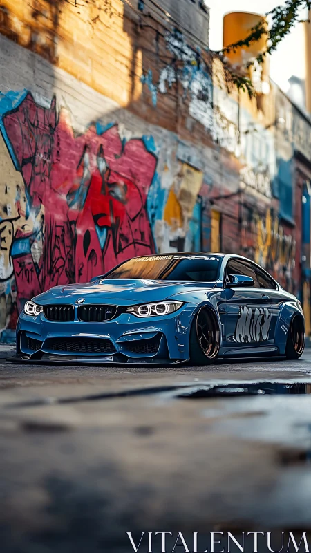 Lowered blue BMW coupe prowls a gritty graffiti alleyway