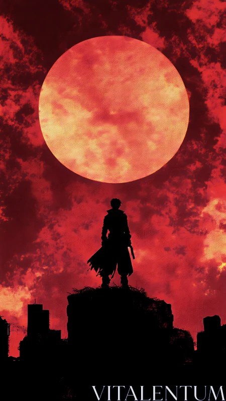 Silhouetted warrior under burning red moon above cityscape.