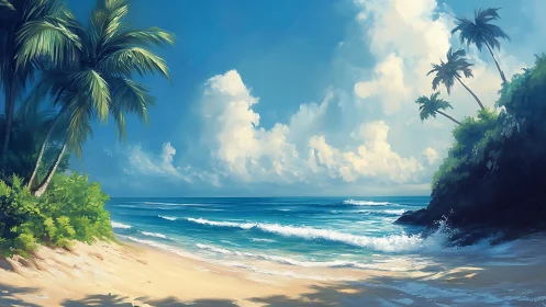 Tropical Beach Cove with Palms and Ocean Waves.