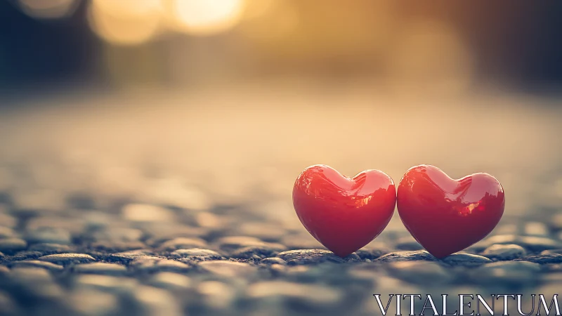 Twin Glossy Crimson Hearts on Textured Stone Surface with Bokeh Ambient Lighting