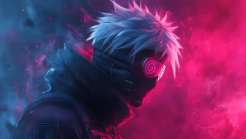 Side profile depicts masked cyber figure in colored smoke