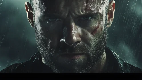 Hardened warrior stares through storm with bloodied resolve.