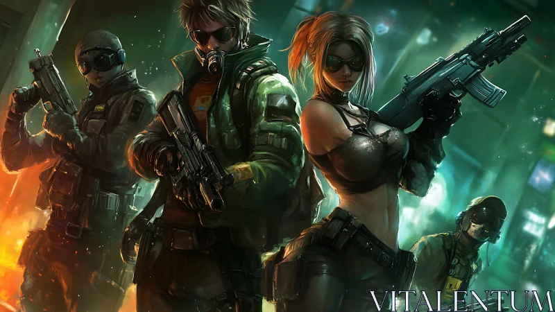 Armed tactical squad in neon lit urban combat setting.