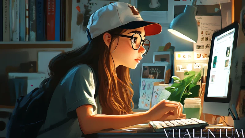 Focused digital illustrator at desktop workstation, evening glow.