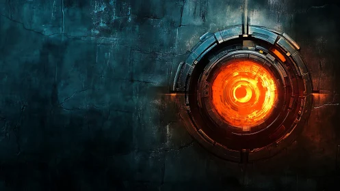 Glowing orange sci fi core set in dark metallic wall