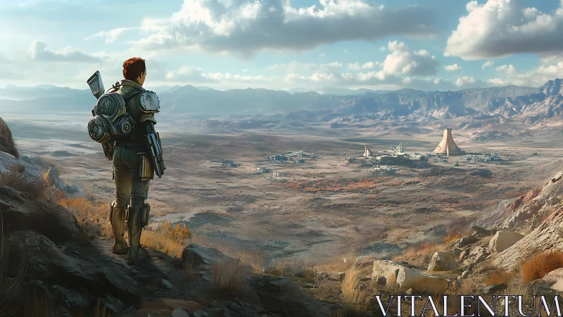 Lone space traveler gazing toward a hopeful desert outpost.