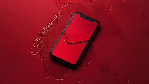 Black smartphone on red wet surface with glossy liquid.
