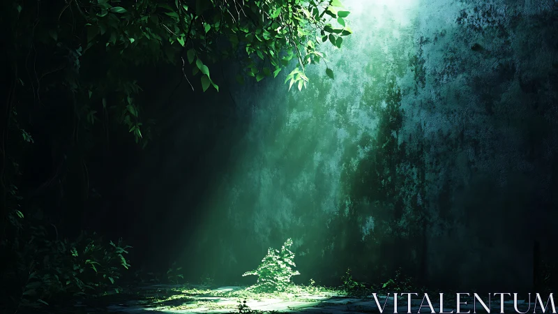 Single plant grows under narrow light shaft beside wall