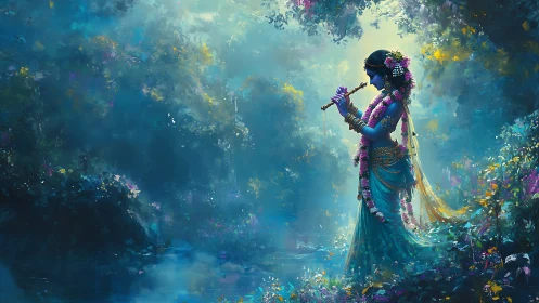 Flute-playing blue figure walks through luminous forest stream.