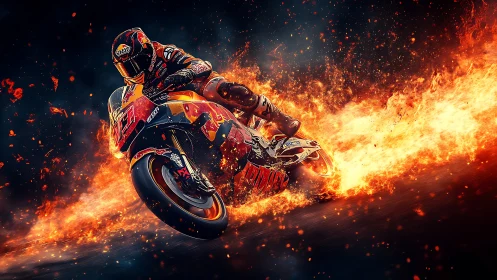 Blazing motorcycle racer carves a fierce path of fire