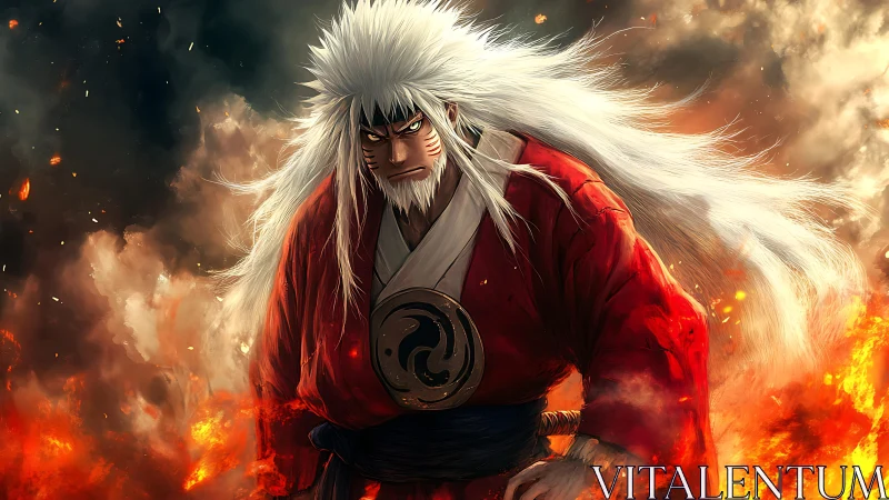 Fierce white‑haired warrior strides through swirling flames.