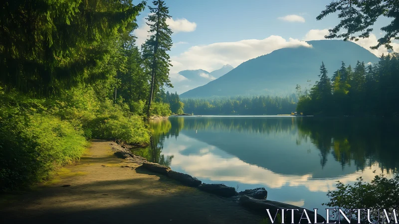 Forest lake reflects distant mountains under soft morning light