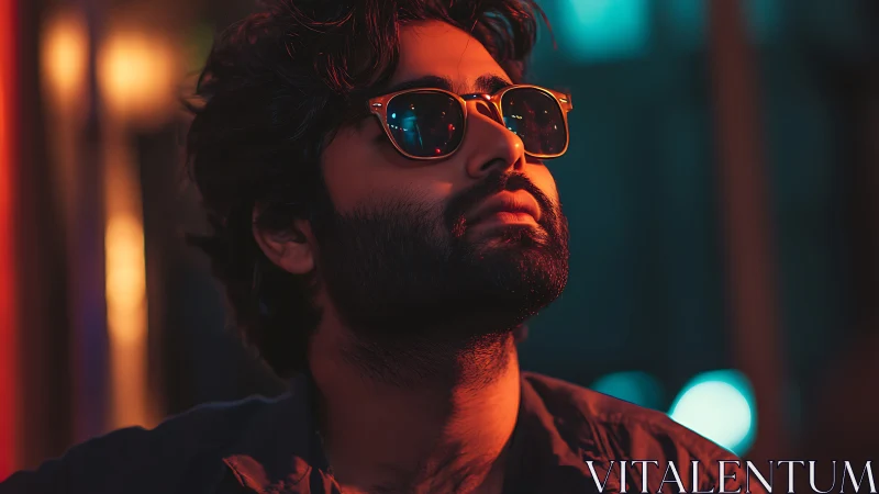 Bearded male subject in sunglasses under neon lighting.