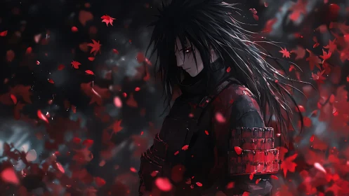 Brooding armored warrior amid turbulent red foliage vortex