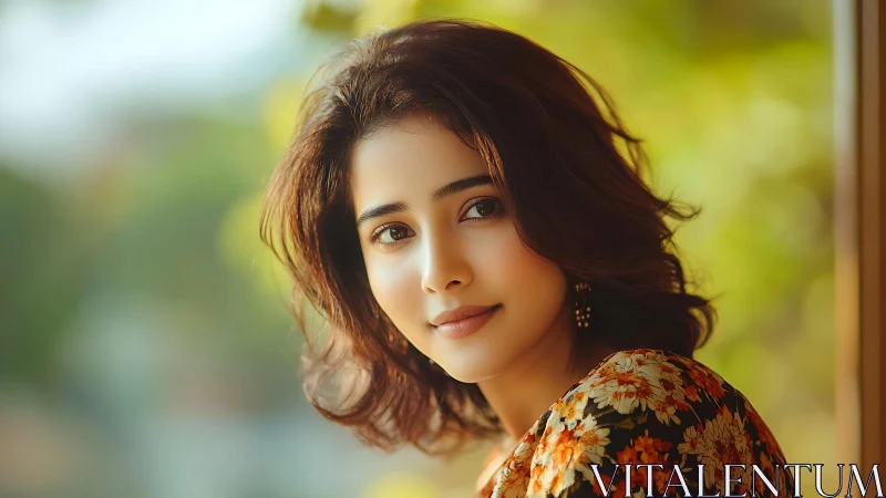 Soft-focus portrait with bokeh field and floral chroma harmony.