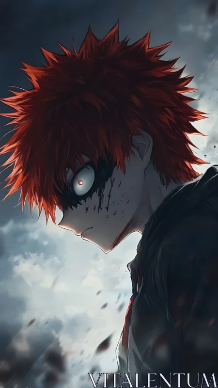 Storm-eyed red haired warrior pausing on a shadowed battlefield.