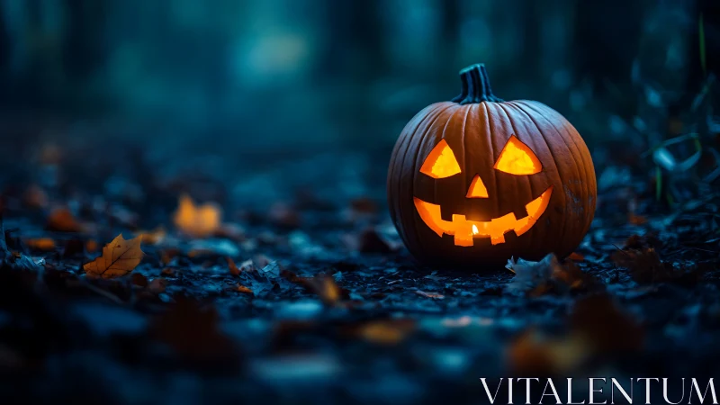 Carved jack-o’-lantern glows on moody forest floor at dusk.