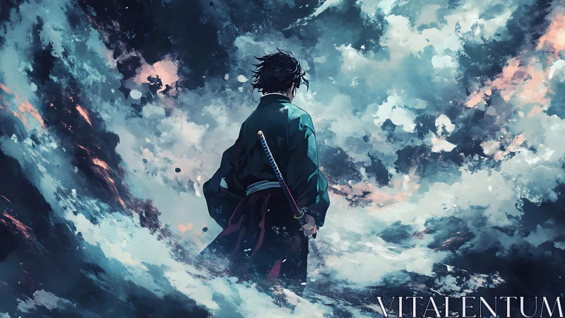 Lone samurai stands amid swirling blue storm clouds.