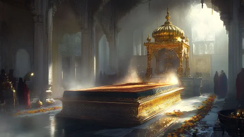 Golden shrine glows in misty temple hall of quiet devotion.