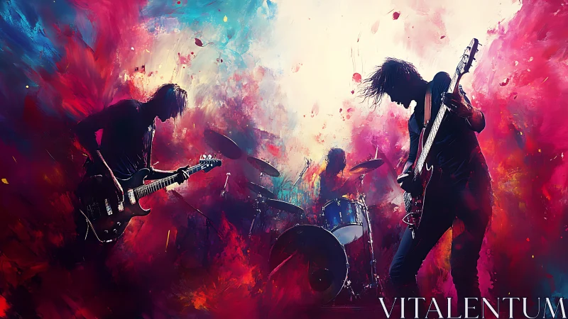 Electric rock band glowing in neon clouds of color.