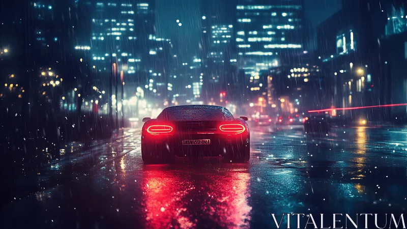 Sportscar glows through neon city rain on a reflective street