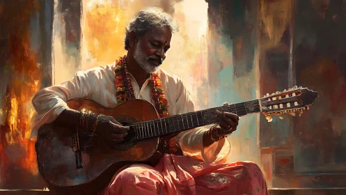Elder musician in sunlit garlands strums a soulful guitar.