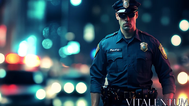 Night city patrol under neon lights and blurred sirens glow.