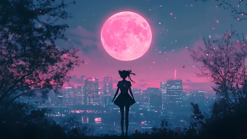 Neon moonrise skyline with silhouetted anime figure framing.