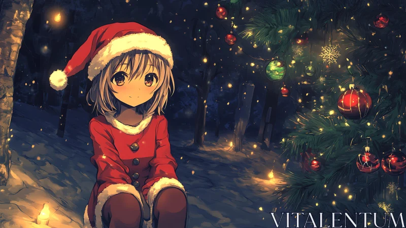 Cozy anime girl sharing a quiet Christmas night by tree.