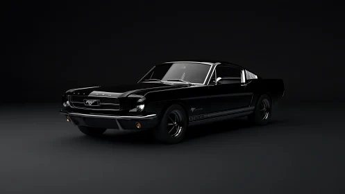 Classic black muscle car gleams in dramatic studio light.