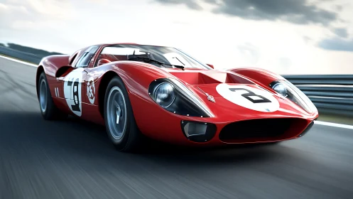 Red vintage race car powers through a sunlit modern racetrack