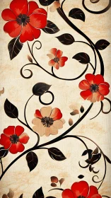 Scarlet vine arabesque on parchment-kissed floral canvas.