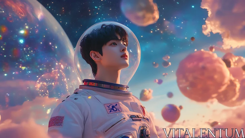 Young astronaut in stylized nebula cloud space environment.