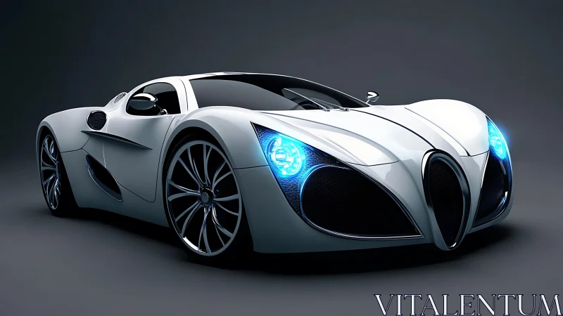 Parametric white hypercar with luminescent blue optics.