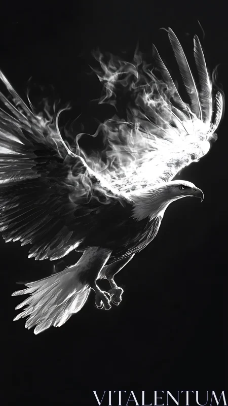 Monochrome eagle rendered with luminous smoke-like wing diffusion