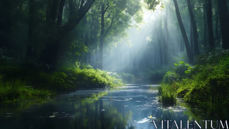 Luminous forest stream corridor with crepuscular light and dense vegetation.