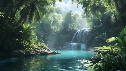 Tropical waterfall cascades into turquoise jungle lagoon
