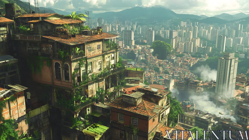 Overgrown hillside favela facing dense modern city skyline.