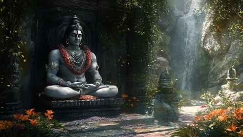 Meditating stone deity guards lush waterfall shrine garden