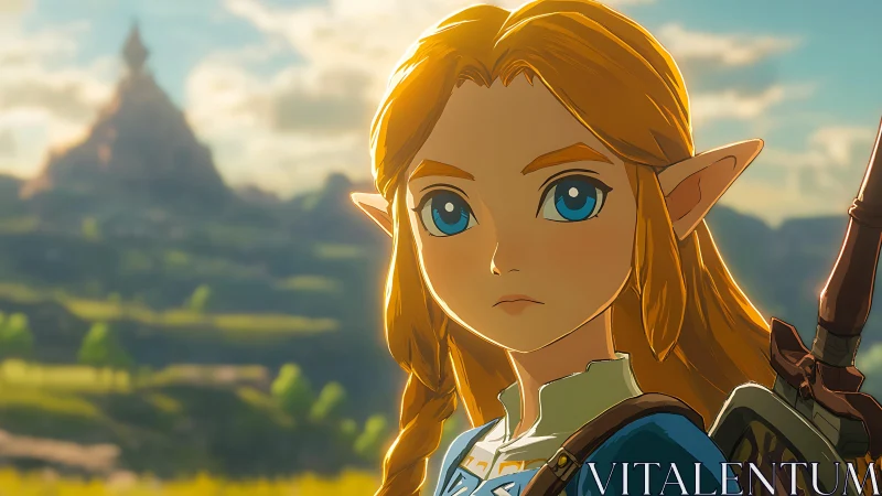 Heroic elf warrior gazes across a sunlit fantasy kingdom