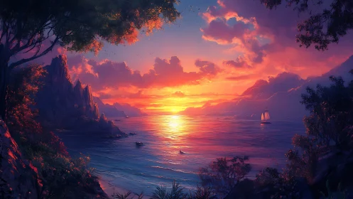Radiant seascape sunset ignites cliffs and tranquil bay