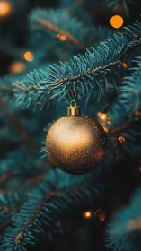 Photorealistic gold bauble on teal fir bough with bokeh accents.