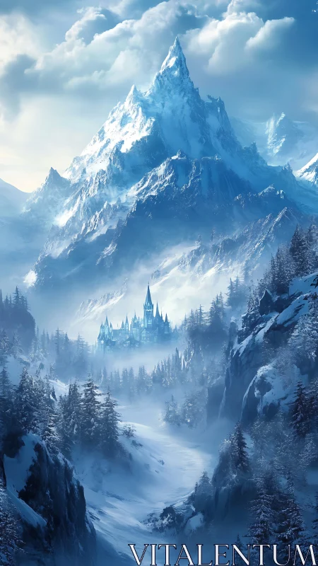 Frozen mountain citadel under towering winter spires.