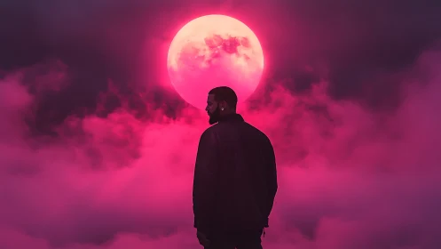 Lone dreamer wandering beneath a neon crimson supermoon.