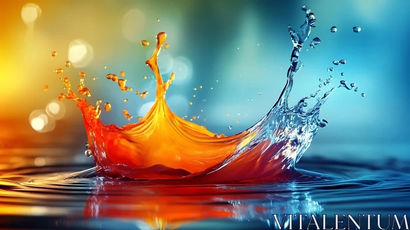 Color-saturated liquid splash merging orange and blue water.