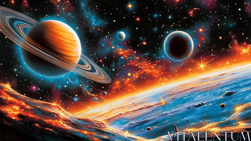 Ringed gas giant above fiery and frozen alien horizon.