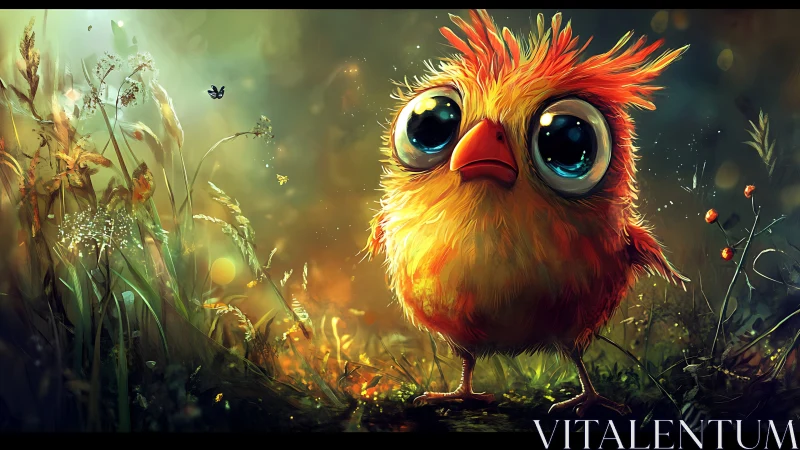 Adorable big-eyed baby bird in enchanted meadow, digital art.