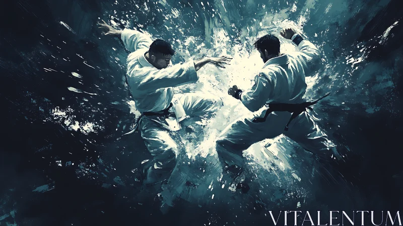 Martial artists colliding in explosive abstract energy burst.