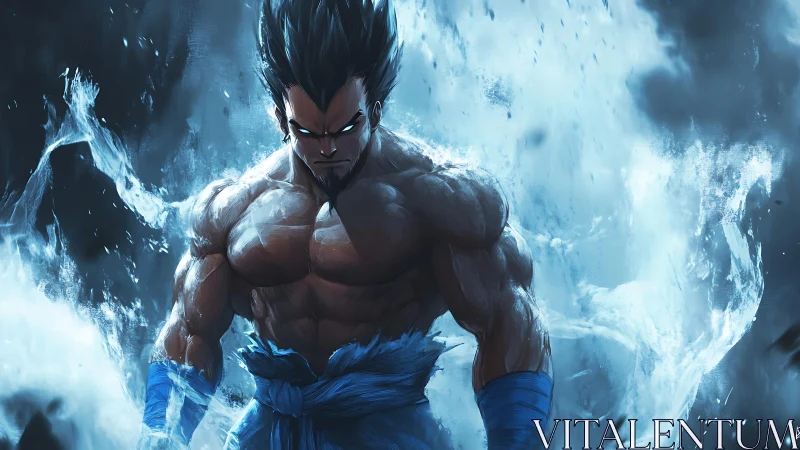 Fierce warrior emerging from swirling blue elemental power.